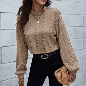 SHEIN Tan Crew Neck Cable Knit Sweater